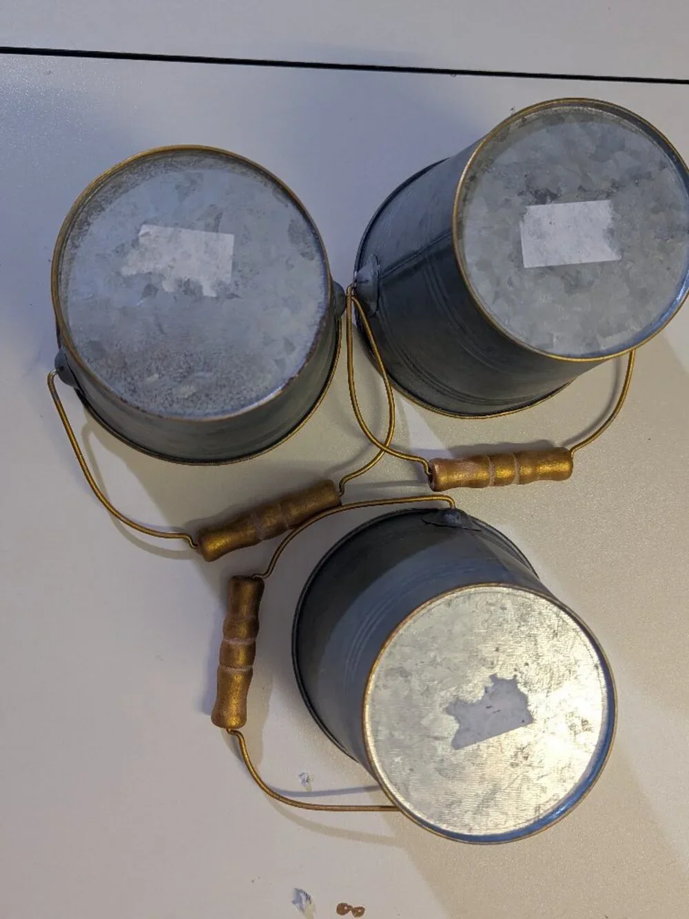Set of 3 Miniature Galvanized Metal Craft Buckets with Gold Trim Handles